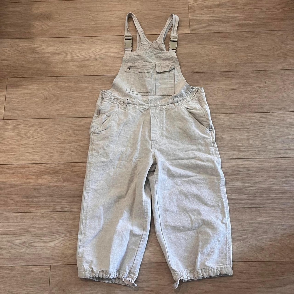 Vintage Smart Set Beige Linen Cotton Crop Overalls Women S Y2K Utility Coastal